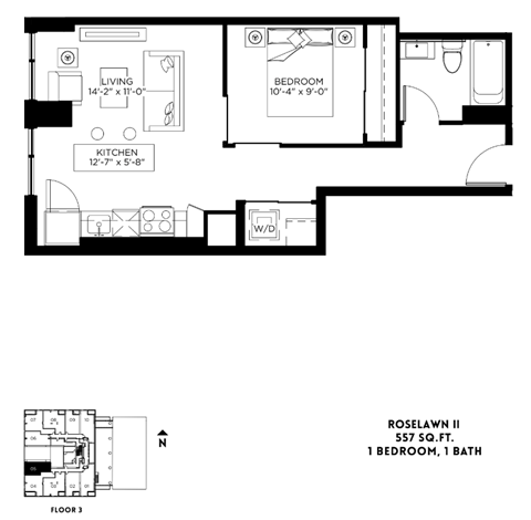 Floor plan for 1 bed, 1 bath, 557 sqft